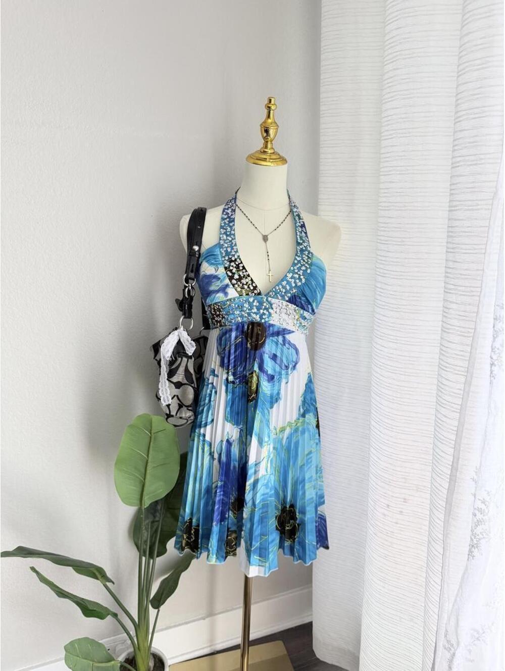 Y2K Morgan & Co Blue Floral Sequin Halter Mini Dress